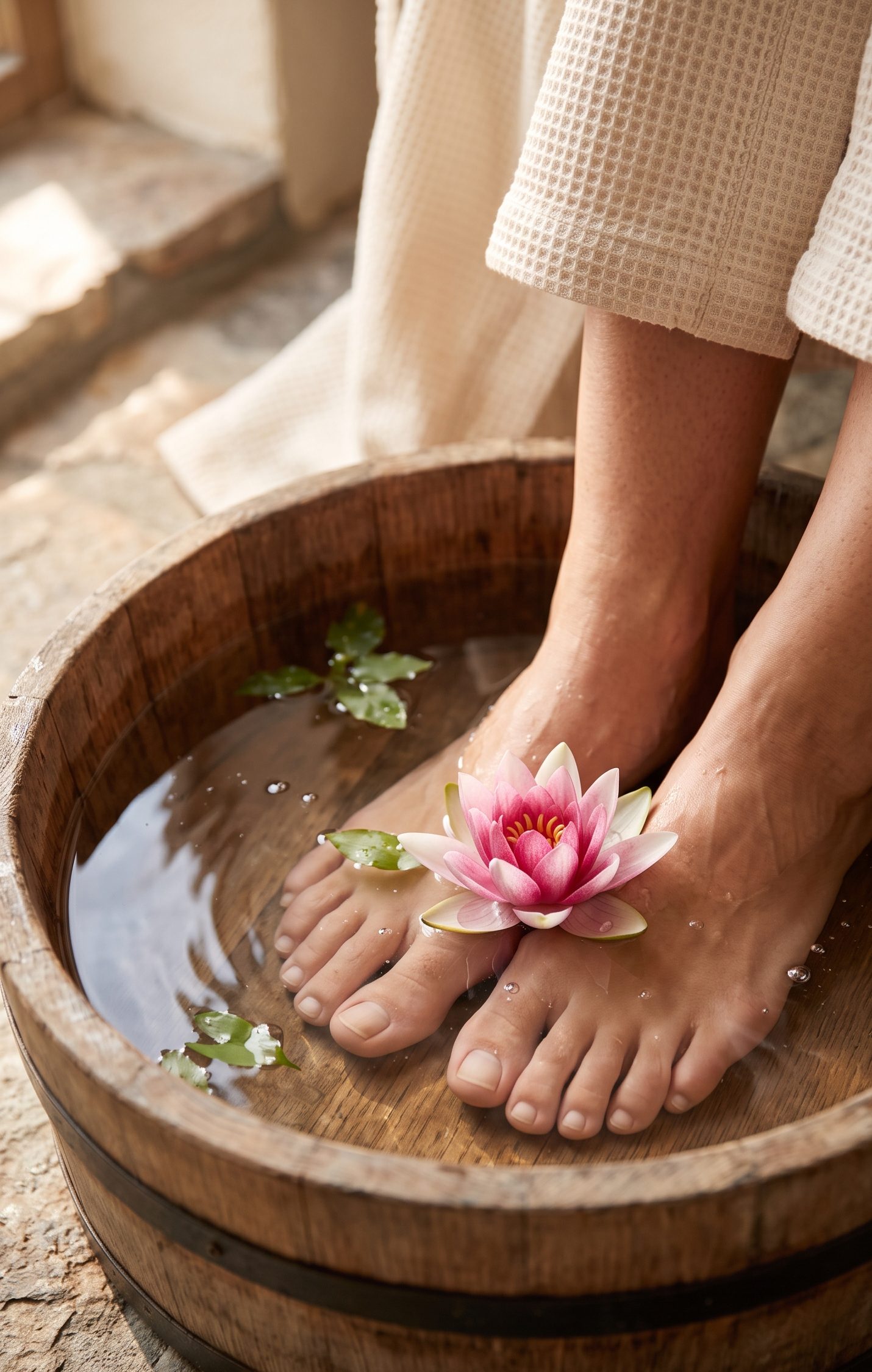 Bassin pour les pieds orné de fleurs, rituel de bien-être