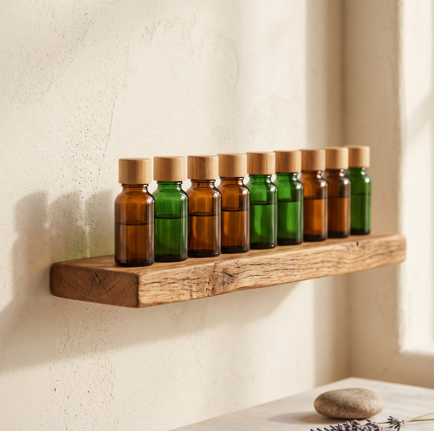 Étagère en bois et huiles essentielles, coin apothicaire